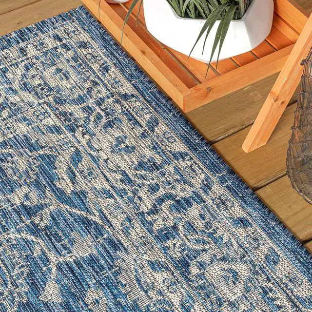 Alt view image 4 of 7 - JONATHAN Y Vine & Border Indoor Outdoor Runner Rug 2X10 Navy/Gray, Palazzo Textured Weave for Backyard, Patio, Porch, Easy-Cleaning, High Traffic, Pet-Friendly, Non-Shedding (SMB103A-210)