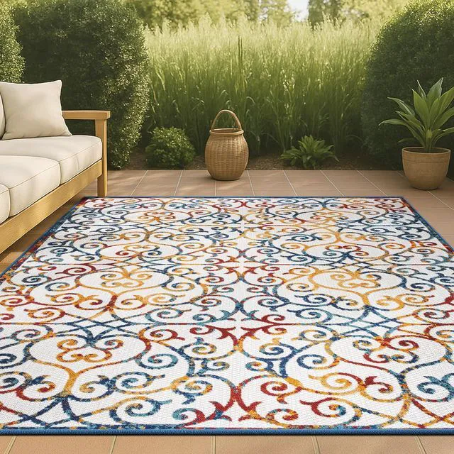 Main image of JONATHAN Y Scroll Trellis Indoor Outdoor Area Rug 3X5 Cream/Blue/Red, Atrani for Backyard, Patio, Porch, Easy-Cleaning, High Traffic, Pet-Friendly, Non-Shedding (AMC110A-3)