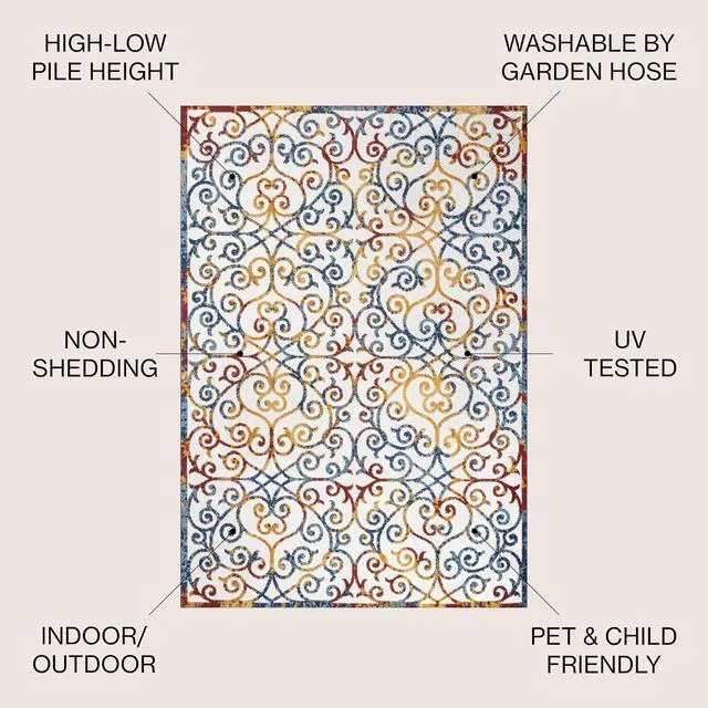 Alt view image 2 of 7 - JONATHAN Y Scroll Trellis Indoor Outdoor Area Rug 3X5 Cream/Blue/Red, Atrani for Backyard, Patio, Porch, Easy-Cleaning, High Traffic, Pet-Friendly, Non-Shedding (AMC110A-3)