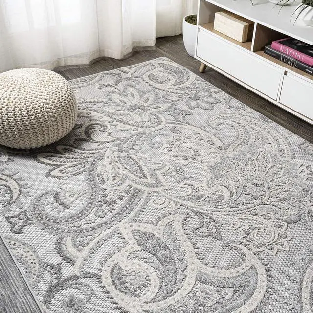 Alt view image 7 of 7 - JONATHAN Y Paisley High-Low Indoor Outdoor Area Rug 4X6 Light Gray/Ivory, Gordes for Backyard, Patio, Porch, Easy-Cleaning, High Traffic, Pet-Friendly, Non-Shedding (AMC103A-4)