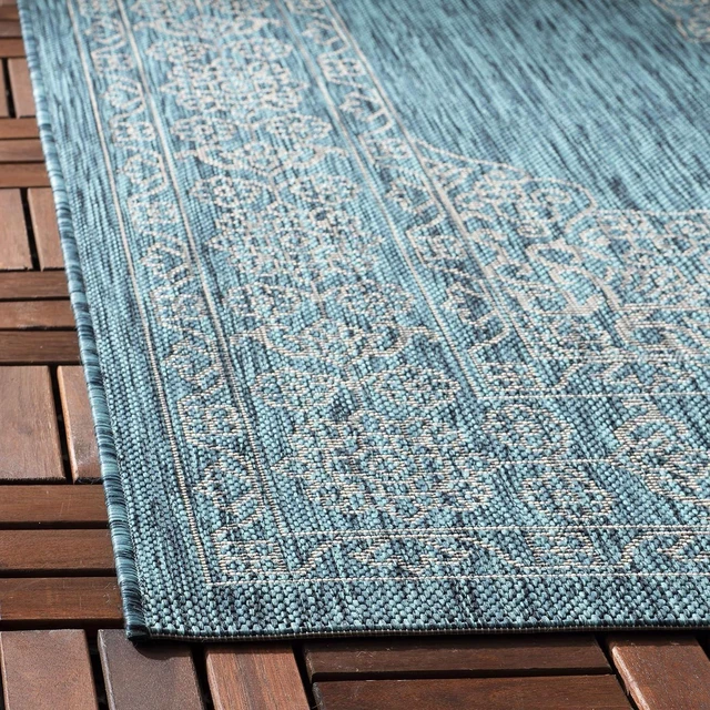 Alt view image 3 of 7 - SAFAVIEH Washable Rug Outdoor Courtyard Collection - 2'7" x 5', Teal & Ivory, Non-Shedding & Easy Cleaning, Ideal for Patio, Backyard, Mudroom (CY8232-37221)