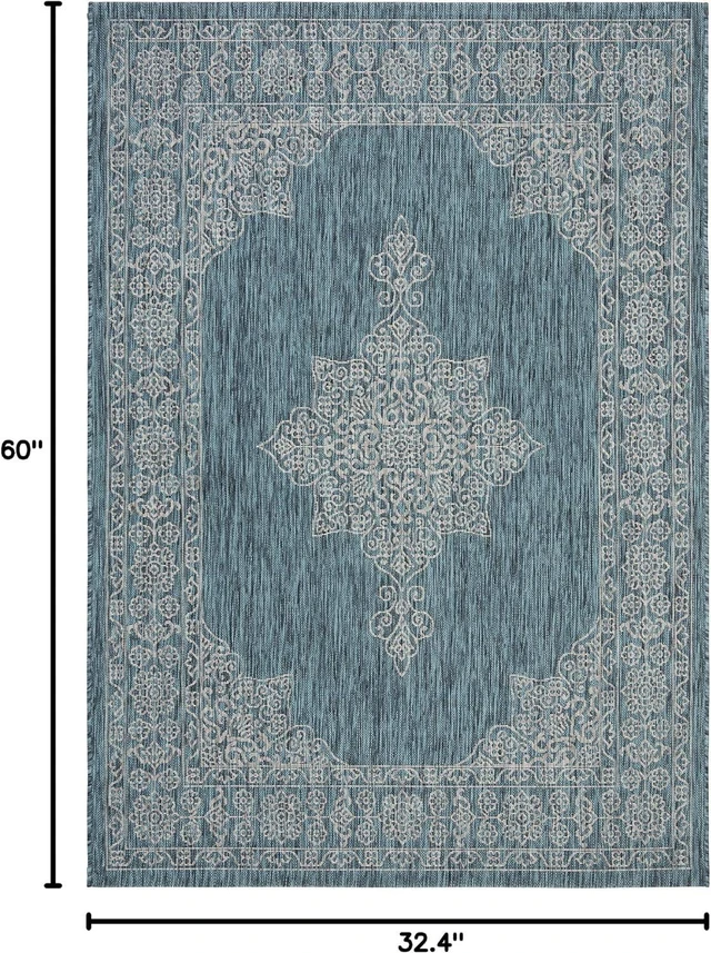 Alt view image 2 of 7 - SAFAVIEH Washable Rug Outdoor Courtyard Collection - 2'7" x 5', Teal & Ivory, Non-Shedding & Easy Cleaning, Ideal for Patio, Backyard, Mudroom (CY8232-37221)
