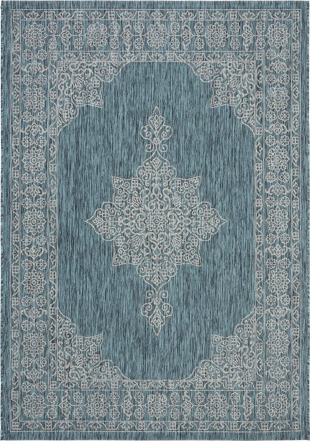 Alt view image 5 of 7 - SAFAVIEH Washable Rug Outdoor Courtyard Collection - 2'7" x 5', Teal & Ivory, Non-Shedding & Easy Cleaning, Ideal for Patio, Backyard, Mudroom (CY8232-37221)