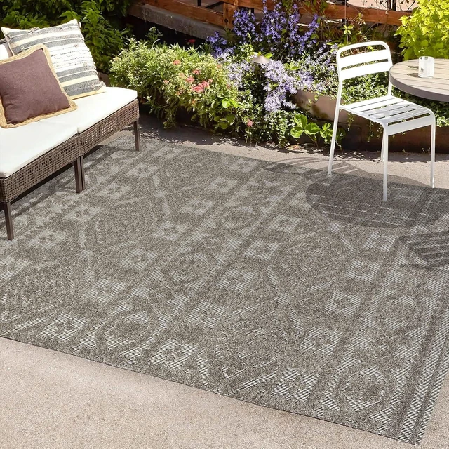Alt view image 4 of 7 - JONATHAN Y Mediterranean Tile Indoor Outdoor Area Rug 5X8 Dark Gray/Ivory, Citta High-Low Pile for Backyard, Patio, Porch, Easy-Cleaning, High Traffic, Pet-Friendly, Non-Shedding (SBH102C-5)