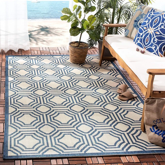 Main image of SAFAVIEH Washable Rug Outdoor Courtyard Collection - 2'7" x 5', Beige & Navy, Non-Shedding & Easy Cleaning, Ideal for Patio, Backyard, Mudroom (CY6112-258)