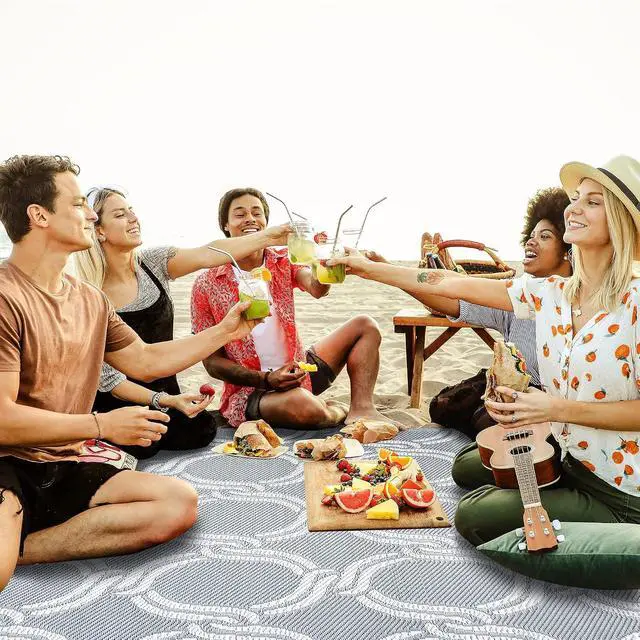 Alt view image 6 of 7 - Reversible Crease-Free Indoor/Outdoor 100% Recycled Plastic Mat/Rug - Weather, Water, Stain, Fade and UV Resistant - Mykonos- Gray & White (8'x10')