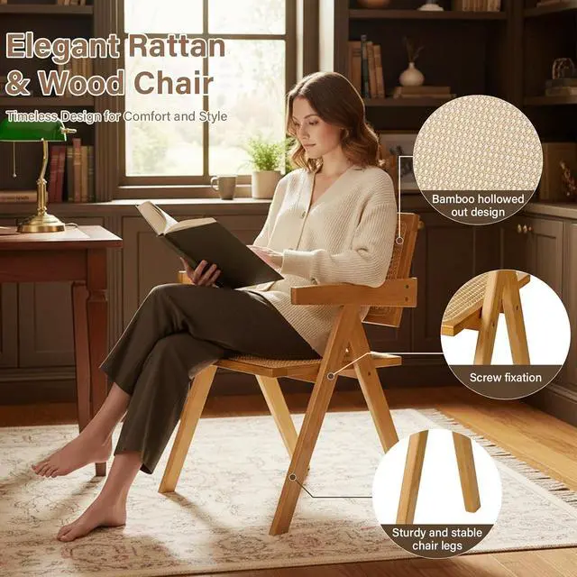 Alt view image 3 of 7 - Furlide Rattan Dining Chairs Set of 2, Mid-Century Bamboo Armchairs