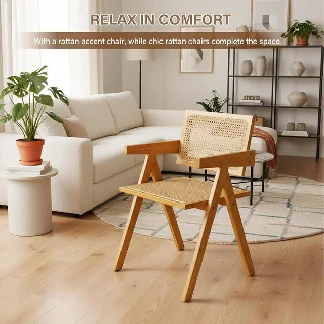Alt view image 7 of 7 - Furlide Rattan Dining Chairs Set of 2, Mid-Century Bamboo Armchairs
