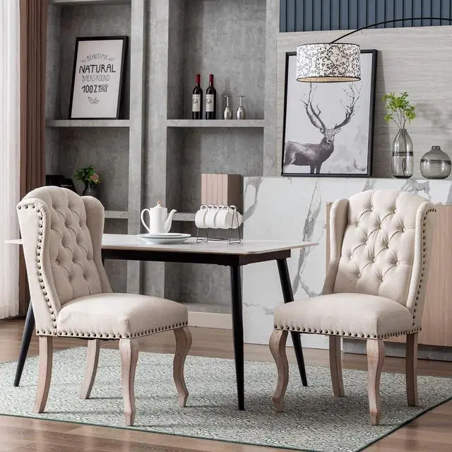 Main image of Parsons Dining Chairs Set of 2 Farmhouse Solid Wood Accent Chairs Linen Fabric Host Side Kitchen Chair with Tufted Wingback for Dining Room/Living Room/Bedroom,Cream