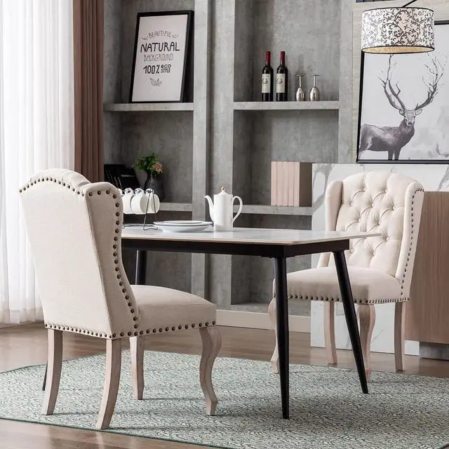 Alt view image 3 of 7 - Parsons Dining Chairs Set of 2 Farmhouse Solid Wood Accent Chairs Linen Fabric Host Side Kitchen Chair with Tufted Wingback for Dining Room/Living Room/Bedroom,Cream