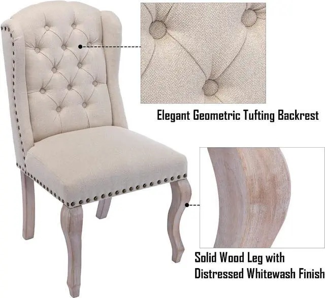 Alt view image 4 of 7 - Parsons Dining Chairs Set of 2 Farmhouse Solid Wood Accent Chairs Linen Fabric Host Side Kitchen Chair with Tufted Wingback for Dining Room/Living Room/Bedroom,Cream