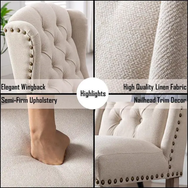 Alt view image 5 of 7 - Parsons Dining Chairs Set of 2 Farmhouse Solid Wood Accent Chairs Linen Fabric Host Side Kitchen Chair with Tufted Wingback for Dining Room/Living Room/Bedroom,Cream