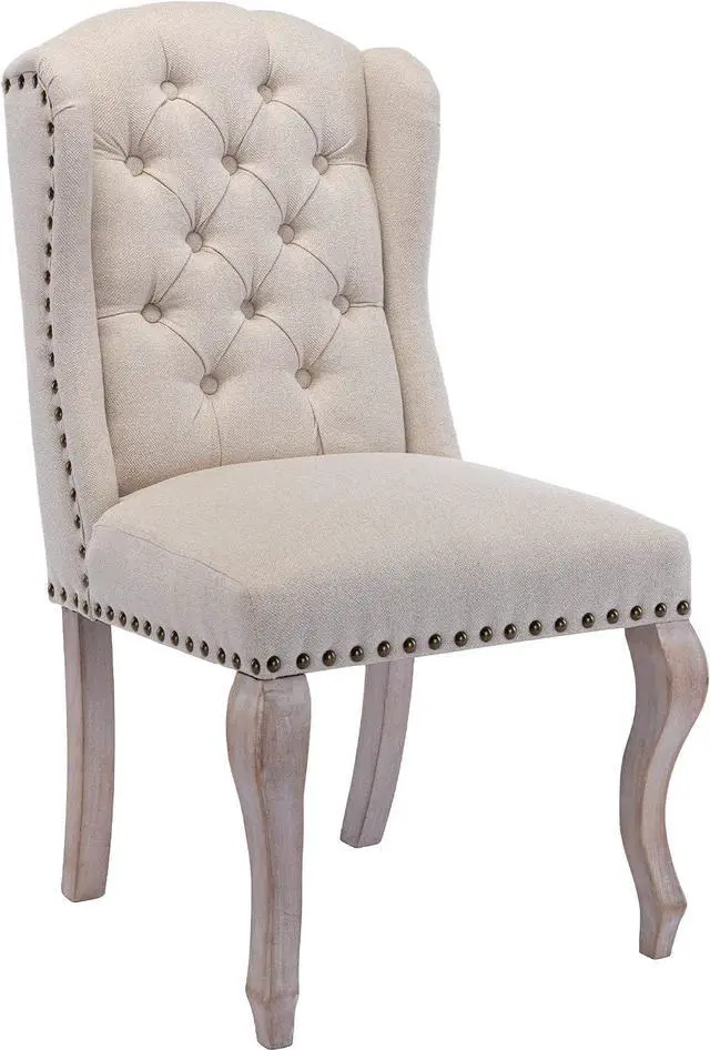 Alt view image 6 of 7 - Parsons Dining Chairs Set of 2 Farmhouse Solid Wood Accent Chairs Linen Fabric Host Side Kitchen Chair with Tufted Wingback for Dining Room/Living Room/Bedroom,Cream