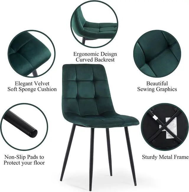 Alt view image 4 of 7 - NORDICANA Forest Green Velvet Dining Chairs Set of 4, Upholstered Tufted Kitchen Chairs, Comfortable Seat, Metal Leg, Easy Assembly