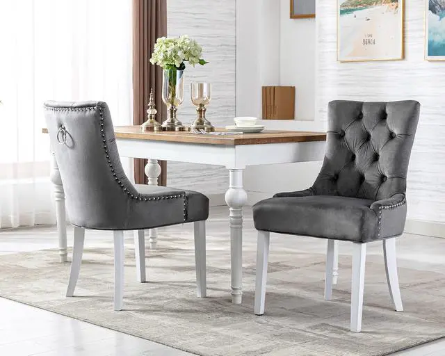 Alt view image 2 of 7 - Velvet Dining Chairs Set of 2, Modern Upholstered Dining Room Chairs with Wooden Legs and Padded Seat, Contemporary Kitchen Chairs Parsons Chairs for Home Dining Room Living Room Bedroom, Gray