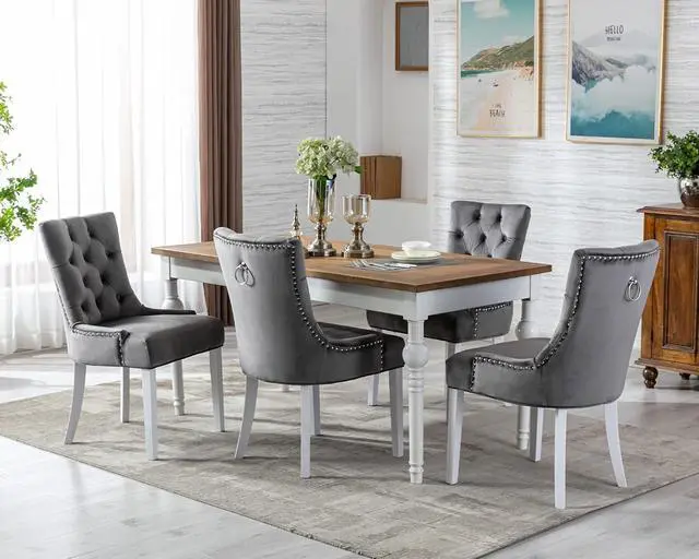 Alt view image 4 of 7 - Velvet Dining Chairs Set of 2, Modern Upholstered Dining Room Chairs with Wooden Legs and Padded Seat, Contemporary Kitchen Chairs Parsons Chairs for Home Dining Room Living Room Bedroom, Gray
