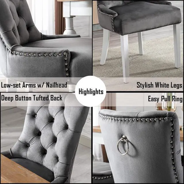 Alt view image 5 of 7 - Velvet Dining Chairs Set of 2, Modern Upholstered Dining Room Chairs with Wooden Legs and Padded Seat, Contemporary Kitchen Chairs Parsons Chairs for Home Dining Room Living Room Bedroom, Gray