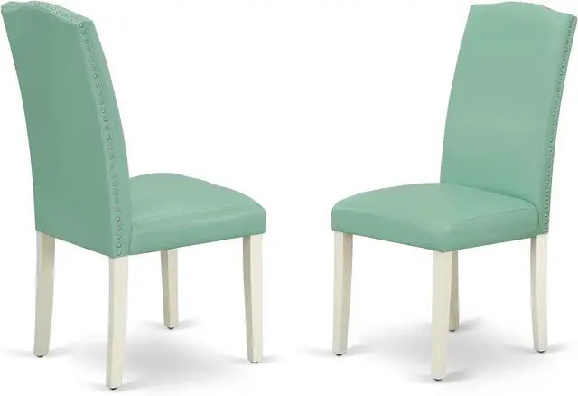 Main image of East West Furniture ENP2T57 Encinal Parson Kitchen Chairs - Nailhead Trim Pond Faux Leather Padded Dining Chairs, Set of 2, Linen White