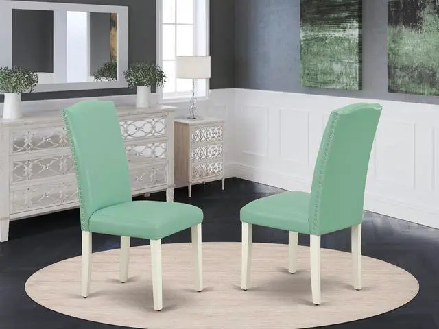 Alt view image 2 of 7 - East West Furniture ENP2T57 Encinal Parson Kitchen Chairs - Nailhead Trim Pond Faux Leather Padded Dining Chairs, Set of 2, Linen White