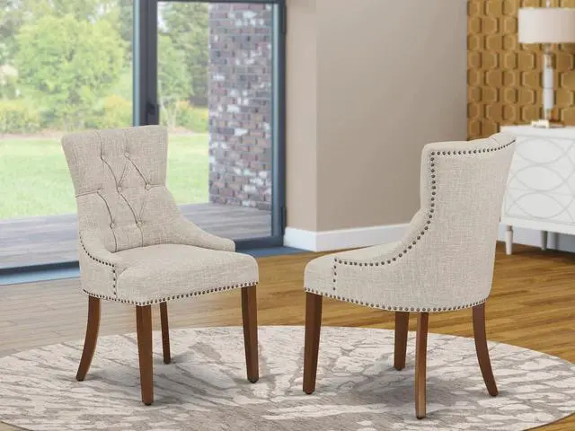 Alt view image 2 of 7 - East West Furniture FRP3T05 Friona Parson Dining Chairs - Button Tufted Nailhead Trim Doeskin Linen Fabric Upholstered Chairs, Set of 2, Mahogany