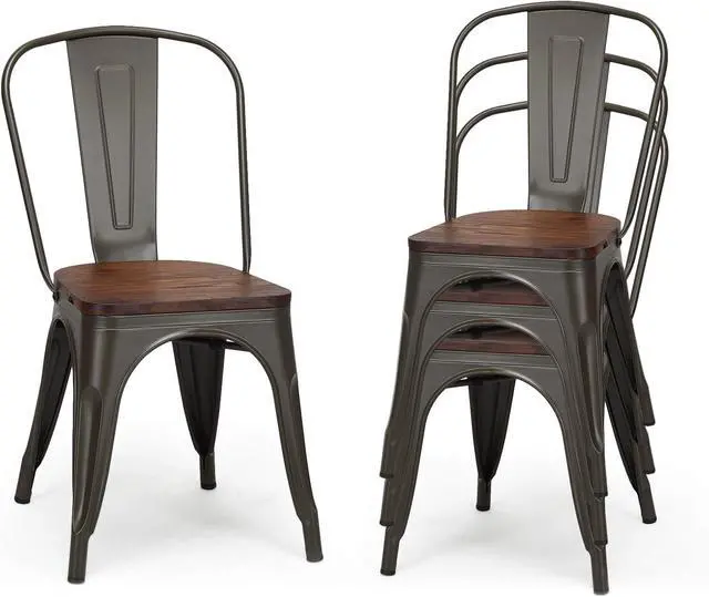 Main image of DORTALA Dining Chairs Set of 4, Metal Stackable Dining Chair w/Wood Seat and Rubber Protectors, Kitchen Side Chair, Comfortable Backrest Dining Chairs for Dining Room, Kitchen, Grey