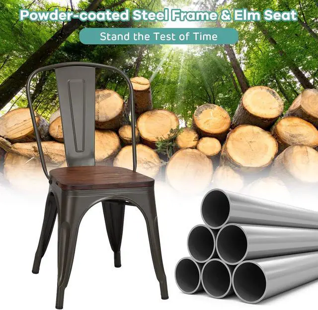 Alt view image 4 of 7 - DORTALA Dining Chairs Set of 4, Metal Stackable Dining Chair w/Wood Seat and Rubber Protectors, Kitchen Side Chair, Comfortable Backrest Dining Chairs for Dining Room, Kitchen, Grey