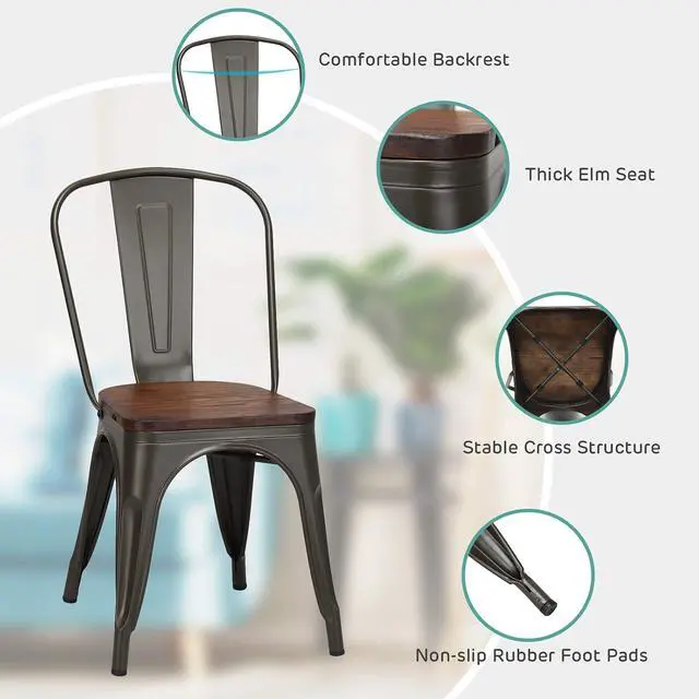 Alt view image 5 of 7 - DORTALA Dining Chairs Set of 4, Metal Stackable Dining Chair w/Wood Seat and Rubber Protectors, Kitchen Side Chair, Comfortable Backrest Dining Chairs for Dining Room, Kitchen, Grey