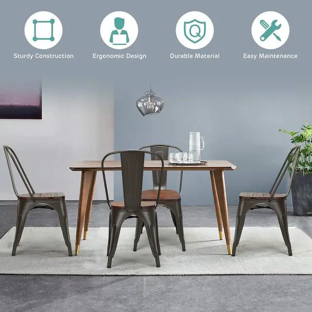 Alt view image 6 of 7 - DORTALA Dining Chairs Set of 4, Metal Stackable Dining Chair w/Wood Seat and Rubber Protectors, Kitchen Side Chair, Comfortable Backrest Dining Chairs for Dining Room, Kitchen, Grey
