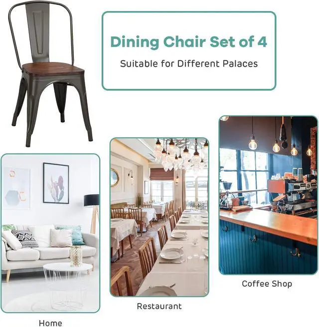 Alt view image 7 of 7 - DORTALA Dining Chairs Set of 4, Metal Stackable Dining Chair w/Wood Seat and Rubber Protectors, Kitchen Side Chair, Comfortable Backrest Dining Chairs for Dining Room, Kitchen, Grey