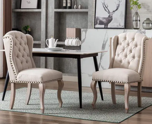 Main image of Upholstered Dining Chairs Set of 2 for Kitchen and Dining Room Farmhouse Fabric Tufted Accent Chairs for Living Room and Bedroom with Wooden Legs, Cream