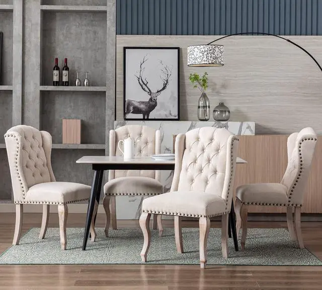 Alt view image 3 of 7 - Upholstered Dining Chairs Set of 2 for Kitchen and Dining Room Farmhouse Fabric Tufted Accent Chairs for Living Room and Bedroom with Wooden Legs, Cream