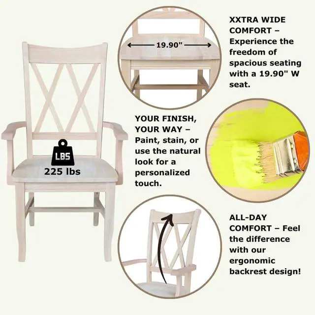 Alt view image 4 of 7 - IC International Concepts Solid Wood Double X-Back Arm Chair, Unfinished
