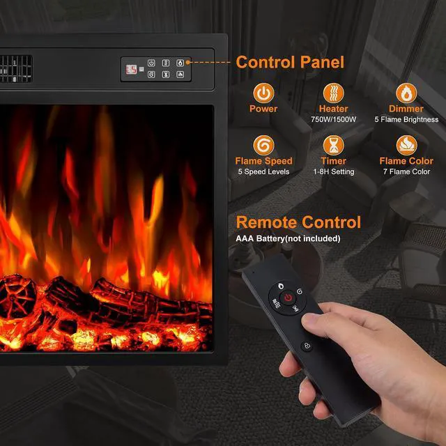 Alt view image 3 of 7 - BOSSIN 23 inch Electric Fireplace Insert with Stove Heater for TV Stand,LED Realistic Flame,Recessed Mounted Fireplace Heater with Remote Control,Fireplace with Adjustable Flame, Timer 750/1500W