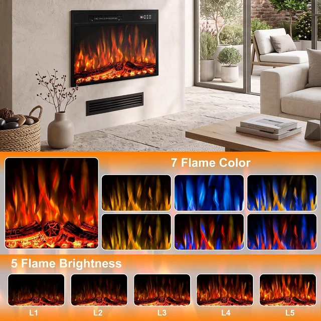 Alt view image 5 of 7 - BOSSIN 23 inch Electric Fireplace Insert with Stove Heater for TV Stand,LED Realistic Flame,Recessed Mounted Fireplace Heater with Remote Control,Fireplace with Adjustable Flame, Timer 750/1500W