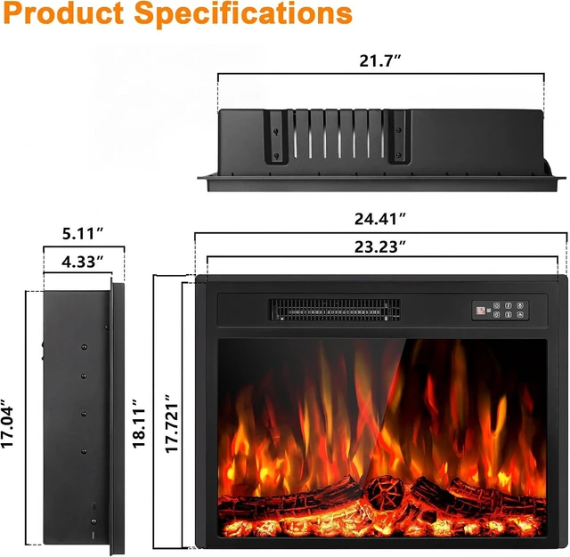 Alt view image 6 of 7 - BOSSIN 23 inch Electric Fireplace Insert with Stove Heater for TV Stand,LED Realistic Flame,Recessed Mounted Fireplace Heater with Remote Control,Fireplace with Adjustable Flame, Timer 750/1500W