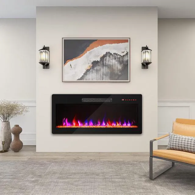 Alt view image 2 of 7 - BELLEZE 36" Electric Fireplace Heater, 1400 W Recessed & Wall Mounted Electric Fireplace with Remote Control, Heater with Adjustable Flame Color and Brightness, Timer, Touch Screen
