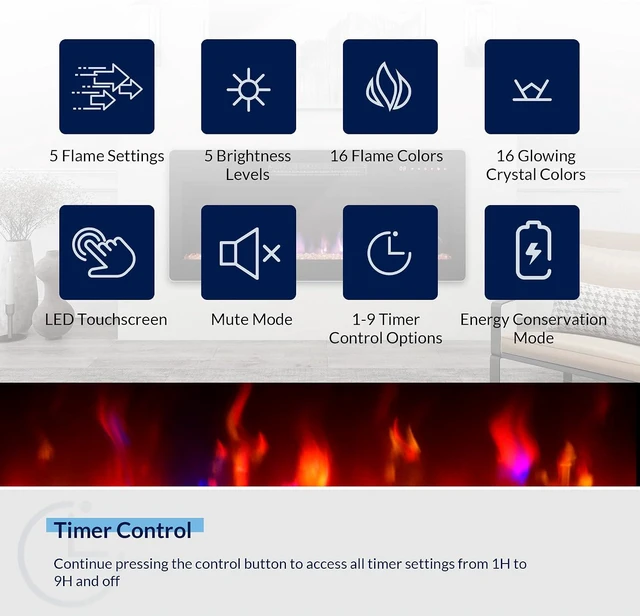 Alt view image 5 of 7 - BELLEZE 36" Electric Fireplace Heater, 1400 W Recessed & Wall Mounted Electric Fireplace with Remote Control, Heater with Adjustable Flame Color and Brightness, Timer, Touch Screen