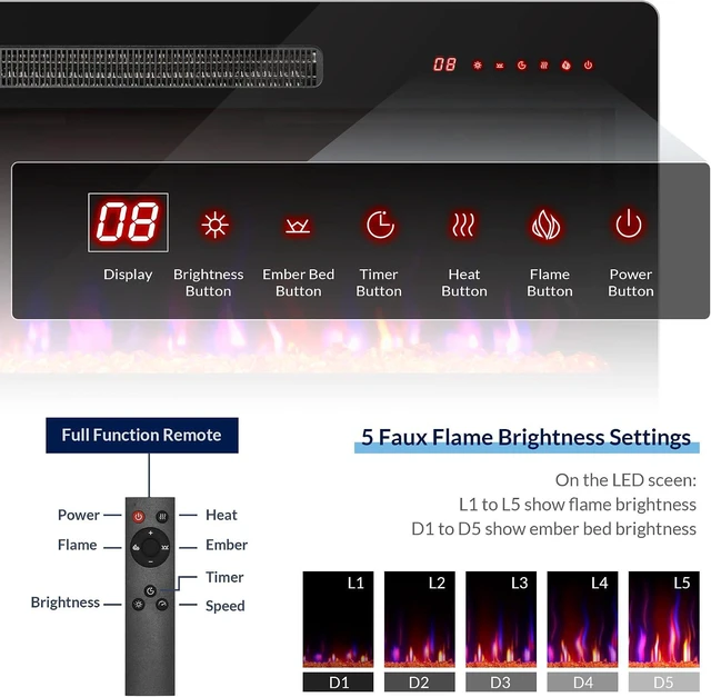 Alt view image 6 of 7 - BELLEZE 36" Electric Fireplace Heater, 1400 W Recessed & Wall Mounted Electric Fireplace with Remote Control, Heater with Adjustable Flame Color and Brightness, Timer, Touch Screen