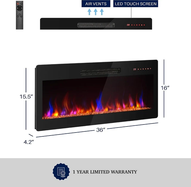 Alt view image 7 of 7 - BELLEZE 36" Electric Fireplace Heater, 1400 W Recessed & Wall Mounted Electric Fireplace with Remote Control, Heater with Adjustable Flame Color and Brightness, Timer, Touch Screen