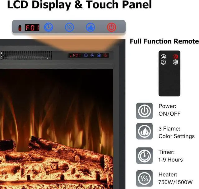 Alt view image 2 of 7 - 30" Width Electric Fireplace Inserts with Adjustable Flame Colors, Fireplace Heater with Touch Screen & Remote Control, Recessed in Wall, 750/1500W, Timer