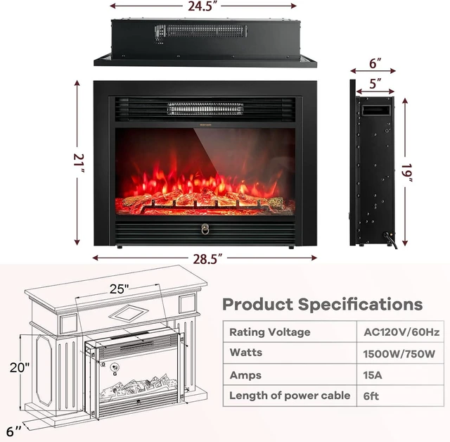 Alt view image 3 of 7 - GLACER 28.5'' Electric Fireplace Insert, Recessed & Freestanding with Adjustable Flame Color Timer, Indoor Heater w/Remote Control (750W/1500W) Black