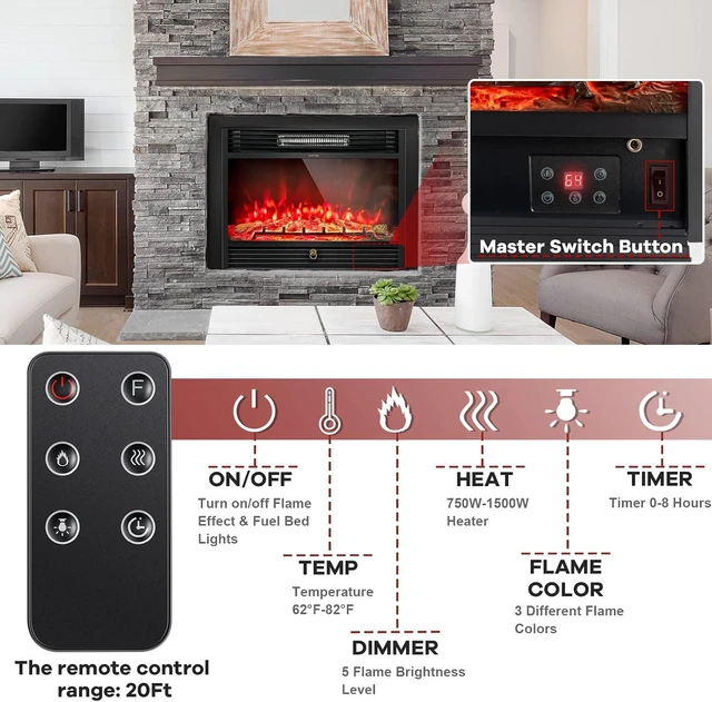 Alt view image 5 of 7 - GLACER 28.5'' Electric Fireplace Insert, Recessed & Freestanding with Adjustable Flame Color Timer, Indoor Heater w/Remote Control (750W/1500W) Black