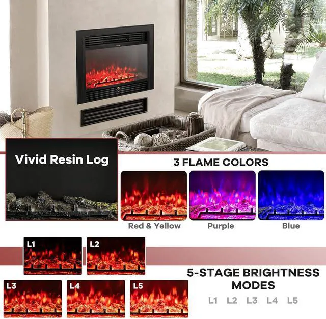 Alt view image 6 of 7 - GLACER 28.5'' Electric Fireplace Insert, Recessed & Freestanding with Adjustable Flame Color Timer, Indoor Heater w/Remote Control (750W/1500W) Black