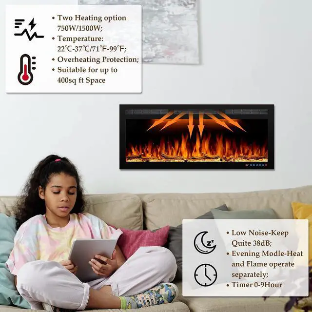 Alt view image 4 of 7 - 40inch Electric Fireplace, Recessed& Wall Mounted Fireplace Heater with Larger Screen, Colorful Flame Warm and Decorate Home with Remote Control, 750W/1500W, Black