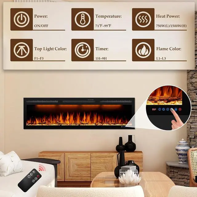 Alt view image 5 of 7 - 40inch Electric Fireplace, Recessed& Wall Mounted Fireplace Heater with Larger Screen, Colorful Flame Warm and Decorate Home with Remote Control, 750W/1500W, Black