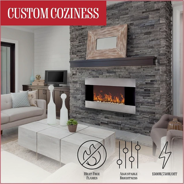 Alt view image 7 of 7 - Northwest Electric Fireplace, Silver, 36 x 8.6 x 22