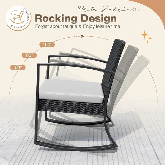 Alt view image 5 of 7 - Greesum 3 Pieces Outdoor Furniture Set Patio Bistro Rocking Chairs with Glass Coffee Table for Pool Beach Backyard Balcony Porch Deck Garden, White