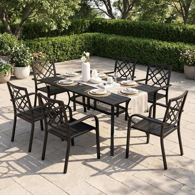 Alt view image 2 of 7 - Crownland 7 PCS Furniture Patio Dining Set, 6 Stackable Metal Chairs and Rectangular Outdoor Dining Table with 1.57" Umbrella Hole(Metal Tabletop)