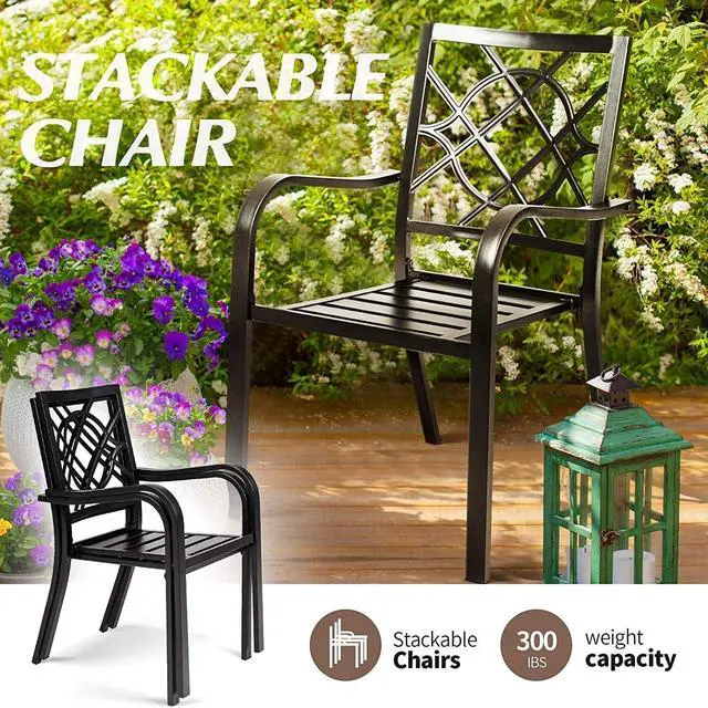 Alt view image 3 of 7 - Crownland 7 PCS Furniture Patio Dining Set, 6 Stackable Metal Chairs and Rectangular Outdoor Dining Table with 1.57" Umbrella Hole(Metal Tabletop)