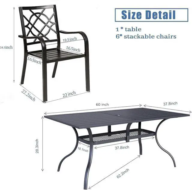 Alt view image 7 of 7 - Crownland 7 PCS Furniture Patio Dining Set, 6 Stackable Metal Chairs and Rectangular Outdoor Dining Table with 1.57" Umbrella Hole(Metal Tabletop)